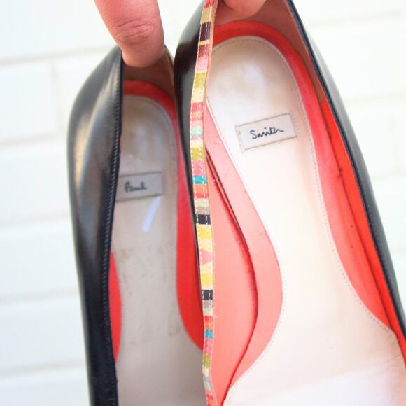 Paul Smith Size 38 Leather Kitten Heels with Signature Stripe Trim - Picture 2 of 5